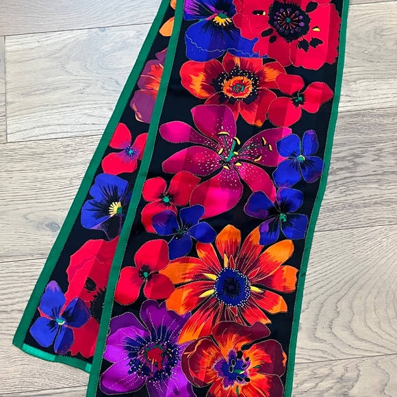 Vintage Ellen Tracy Rectangular Silk Scarf - Black with Vibrant Floral 58"L - Picture 6 of 6